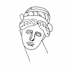 Aphrodite vector marble head. Work of art of ancient Greece era. Illustration goddess beauty and love on white isolated background hand drawn style line. Design for web and printing.