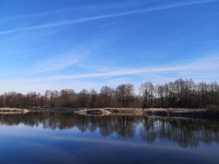Fototapeta na wymiar mirror surface of water and blue sky