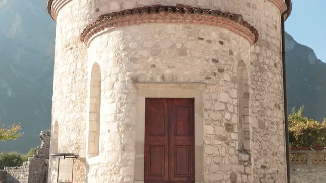 ancient italian baptistery, tilt shot of a cultural heritage monument in Venzone (Italy) in this place some mummies are preserved