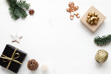 White wood background with christmas decor. Flat lay