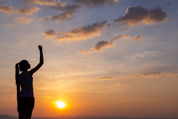 Fototapeta premium Strong, victorious and motivated young woman raising her fist up to the sunset sky. 