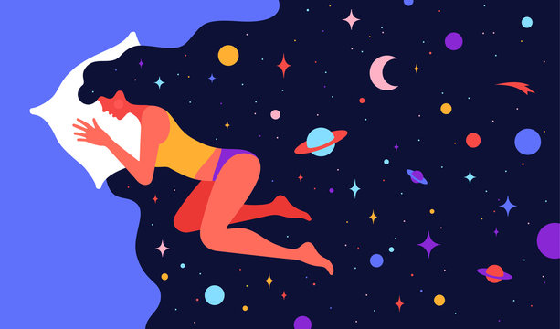 Modern flat character. Woman sleeping in bed with universe