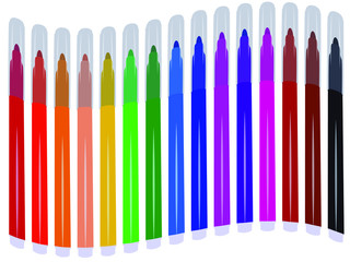 Set of fifteen markers with basic colors for drawing and painting. For sale and advertising markers and drawing them. Felt-tipped pen for courses on drawing. Set of markers with a cap for children.