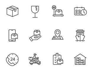 Shipping and delivery outline vector icons isolated on white background. Express delivery and global logistics line icons for web, mobile apps and ui design