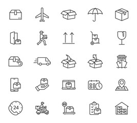 Shipping and delivery outline vector icons isolated on white background. Express delivery and global logistics line icons for web, mobile apps and ui design