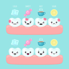 Sensitive teeth with different influences - cold, sweet, hot and sour. Stomatology concept. Dental cute colorful tooth isolated vector illustration
