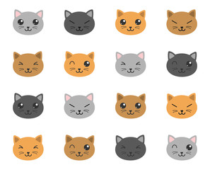 cute kawaii cats color flat vector illustrations on white background