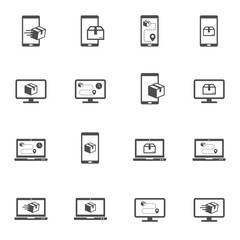 Delivery app vector icons isolated on white background. Smatrphones and computers with express delivery app icons for web, mobile and ui design