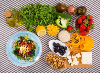 Poster Plate with ready-made salad and its ingredients for recipe © JackF