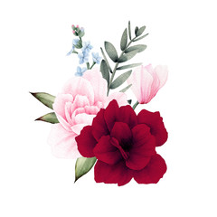 Cyclamen, peonies and leaves. Flowers and leaves, can be used as greeting card, invitation card for wedding, birthday and other holiday and  summer background. Bouquet of flowers, watercolor