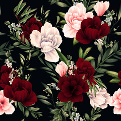 Nahtloses Blumenmuster mit Blumen auf dunklem Hintergrund, Aquarell. Vorlagendesign für Textilien, Interieur, Kleidung, Tapeten. Botanische Kunst