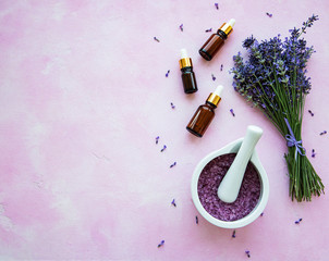 flat lay composition with lavender flowers and natural cosmetic
