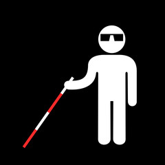 Blind person with visual and vision impairment - man is holding white stick and cane because of handicap and disability. Vector illustration.