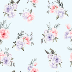 Fototapeta na wymiar Seamless floral pattern with flowers on light background, watercolor. Template design for textiles, interior, clothes, wallpaper. Botanical art