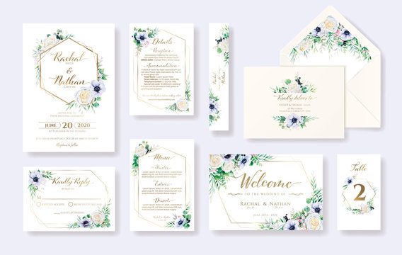 Set of floral wedding invitation card, invite, RSVP, Details, Thank you, Table number, Menu, envelope address template. White rose and Anemone flower.