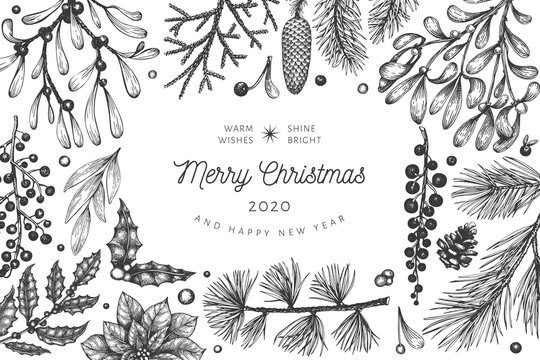 Christmas hand drawn vector greeting card template. Vintage style illustration