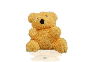 Cute teddy bear isolated on a white background with reflection Bright brown bear Sitting on a white recline Teddy bears stuffed in a white background