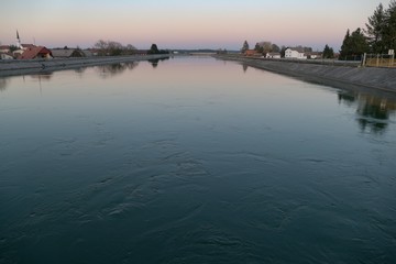 sunset over the ptujsko jezero dam on drava river in Ptuj in Slovenia