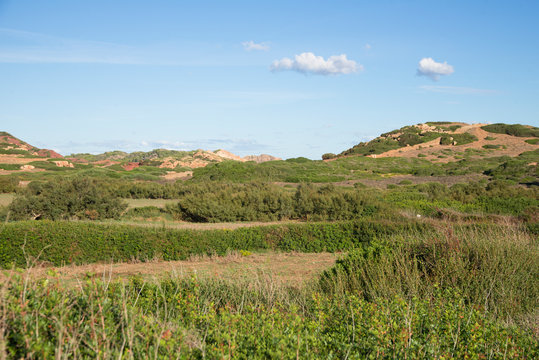 Paysage proche de Cala Pregonda, une des plus belles plages de Minorque, avec le mont El toro en arri&egrave;re plan, &icirc;les Bal&eacute;ares