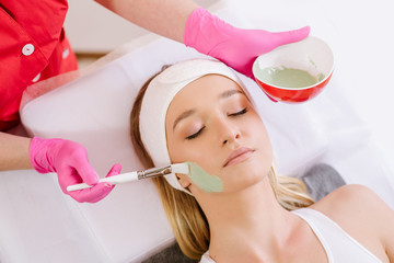 Obraz na płótnie Canvas Cosmetologist applying mask on face of woman in spa salon