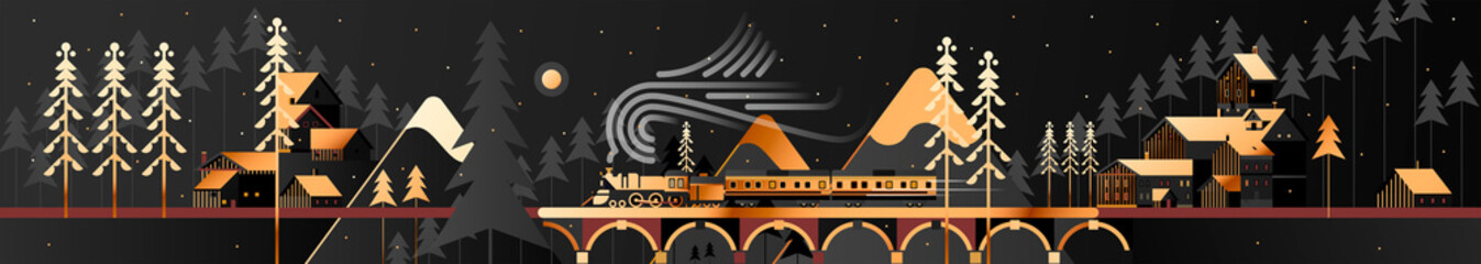 New year and Christmas mountain snowy winter landscape with coniferous forest, pines, cottages and train in the night. Flat vector illustration for web, poster, banner, card, postcard, event icon logo