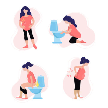 Young pregnant woman in different problems. Toxicosis, nausea, vomiting, gestosis, swelling, constipation, hemorrhoids, lower back pain. Flat isolated vector illustration