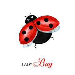 Watercolor ladybug, flying bright cartoon insects. Funny red ladybird in flight. Greeting card concept with text. Isolated on white background