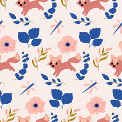 Fox and flowers seamless pattern