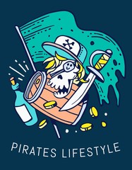 Vector illustration of pirate skull in a cap with eyepatch and b