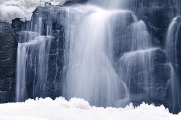 Small mountain waterfall in winter