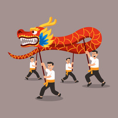 People Perform Traditional Chinese Dragon Dance Flat Illustration