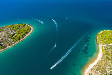 Beautiful Croatian coast, Murter Mediterranean archipelago coastline, aerial view of turquoise bays and yachts from drone