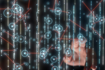 Businessman pressing document icon over computer binary code