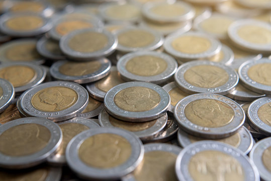 Close up of many Thailand conis with business, marketing, saving, finance, e-commerce concept and design