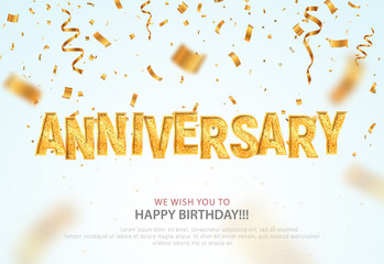 Golden anniversary word and falling down confetti vector banner template. Birthday or jubilee vector banner on light background.