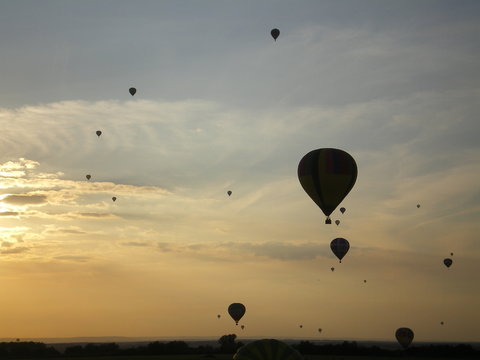 Chambley, France - August 3rd 2007 : Lorraine Mondial Air Ballons, the world's biggest air ballon festival. 961 balloons were here in 2007. View of a lot of balloons in the air, during the sunset.