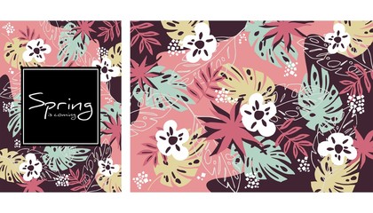 Tropical jungle leaves and flowers pattern. Colorful hand drawn tropical poster design. Exotic leaves art print. Creative botanical background, wallpaper, fabric vector illustration design, notebook