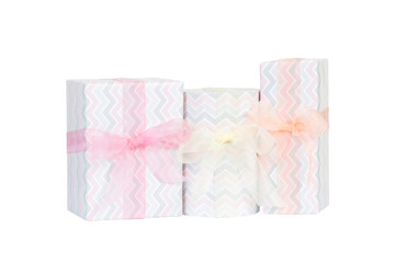 Set of Christmas or other holiday handmade present in colored paper with pink, yellow and orange ribbon. Isolated on white background, top view. thanksgiving Gift box concept