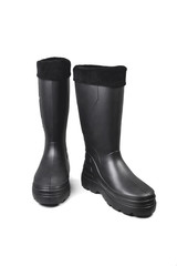black high insulated boots for hunting off-road fishing and traveling in the cold season on a white background isolate