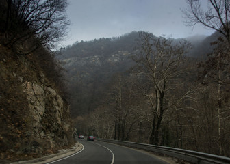 Beautiful mountain road in Bulgaria, Rhodopi mountain, wintertime car road with trees and rocks on the side