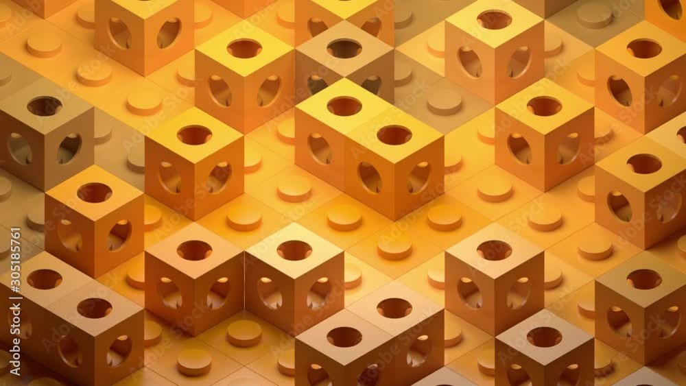 Poster orange 3d render of abstract background with cubes. simple square shapes with round holes. loopable 