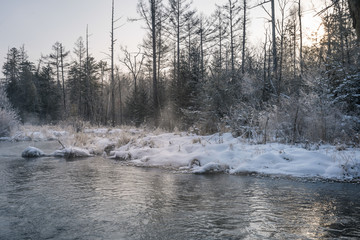 Winter Scenery of Forest, River and Lakes with Ice and snow at Dusk in Changbai Mountain, Jilin Province, China