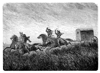 Post service in the Gobi desert 19th century: messengers horseback training a post wagon for express service in the grassland along the silk road