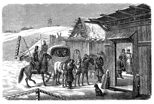 Post office in siberia 19th century with troika - a sleigh trained by three horses - ready for mail delivery
