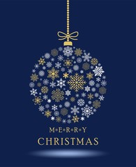 Weihnachtskugel vektor mit Schneeflocken und Weihnachtsgruß. Für Hintergründe und Grußkarten. Merry Christmas text mit goldenen Buchstaben auf einem blauen Hintergrund.