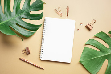 Flat lay mock up of monstera leaves with elegant business accessories on color space background.