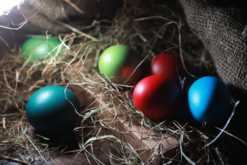 Easter painted eggs on burlap