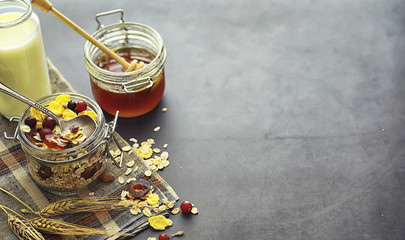 Healthy breakfast. Muesli from cereals with milk berries.