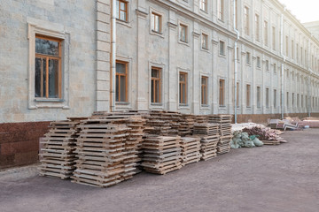 Stack of the wooden elements for building.