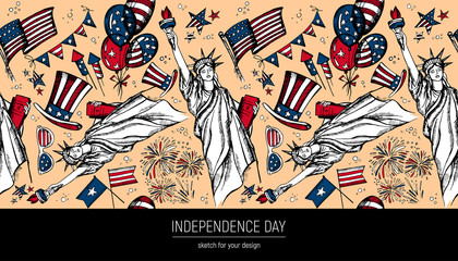 Seamless pattern 4th of July . Hand drawn vector illustrations. Independence Day background. USA national sketches. Material design for greeting card, flyer, banner, poster